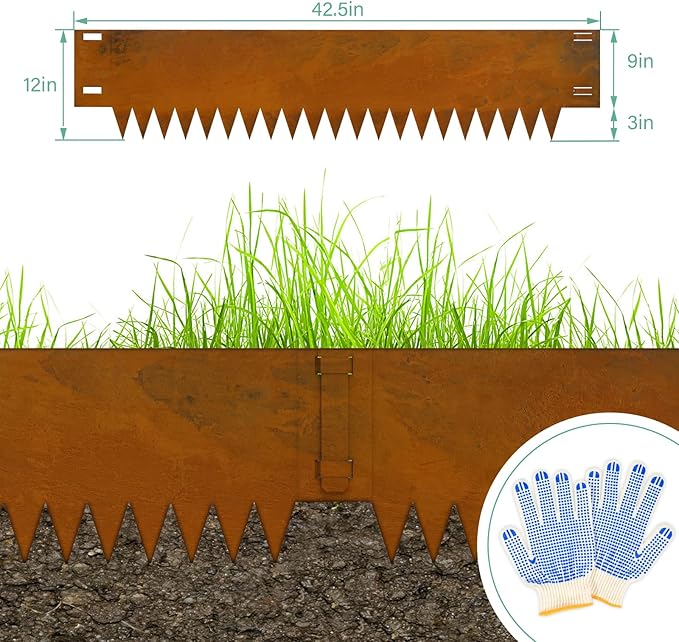 Co rten Steel Landscape Edging 12 Inch Tall 6 Packs, Pre-Rusted Metal Garden Edging, Hammer in Landscape Edging with 6 Clips and a Pair of Gloves, Steel Edging for Landscaping, Lawn Rusty