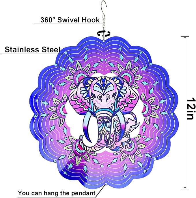 Elephant Wind Spinners 3D Hanging Wind Spinner Elephant Ornament Gifts for Women Mom Grandma,12inch Metal Wind Kinetic Sculpture for Outdoor&Indoor Decor, Yard Art, Garden Decoration