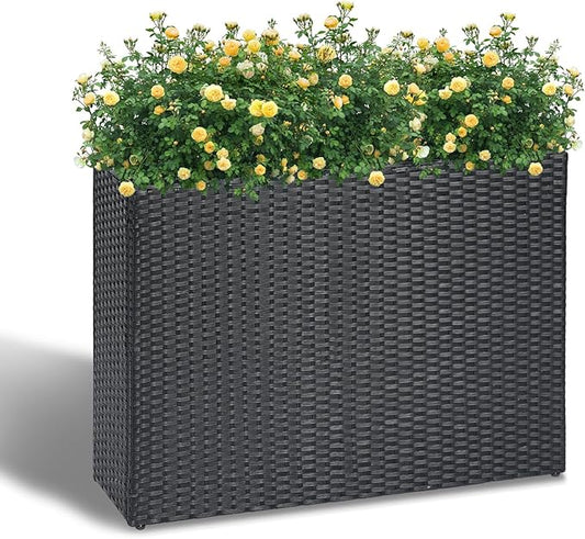 LEWIS&WAYNE Large Rectangular Block Planter Box Handmade Wicker Tall Planters for Outdoor Plants with Removable Liners Modern Planter for Indoor Outdoor Patio Deck - Black, 38''x11''x30''