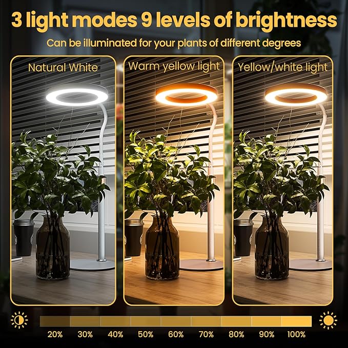 bseah Grow Light, LED Plant Light for Indoor Plants Growing, Full Spectrum Desk Grow Lamp with Pedestal, Automatic Timer for 3H/9H/12H, 10 Dimmable Levels (White)