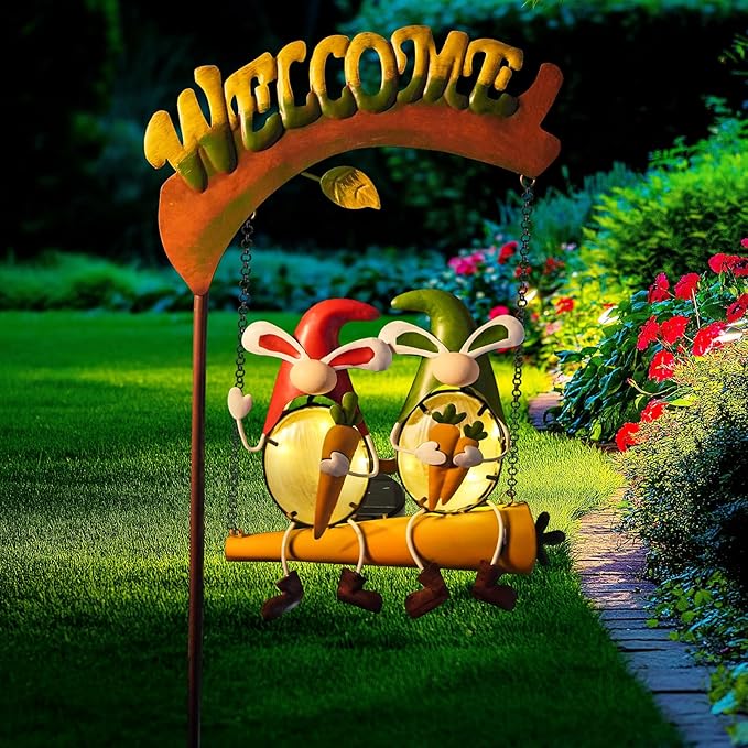 HONGLAND Solar Lights Outdoor Decor, Rabbit Swing Garden Decor, Funny Gardening Gifts for Women Mom, Gnomes Outdoor Decorations with Welcome Sign for Front Porch Patio