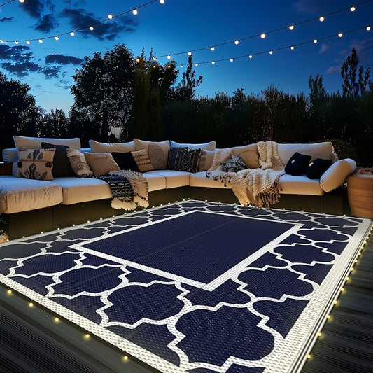 GENIMO 6' x 9' Outdoor Rug Waterproof for Patio Decor, Foldable Reversible Plastic Straw Area Rugs Mat with String Light, Led Carpet for Camper, Rv, Deck, Porch, Picnic, Beach, Balcony, Blue & White