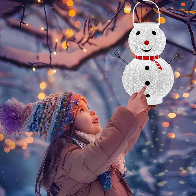 Christmas Decorations Snowman Solar Lantern - Snowman Solar Hanging Lantern Outdoor Waterproof , Metal Standing Solar Powered LED Lantern Decorative Lights for Outside Garden Yard Porch - White