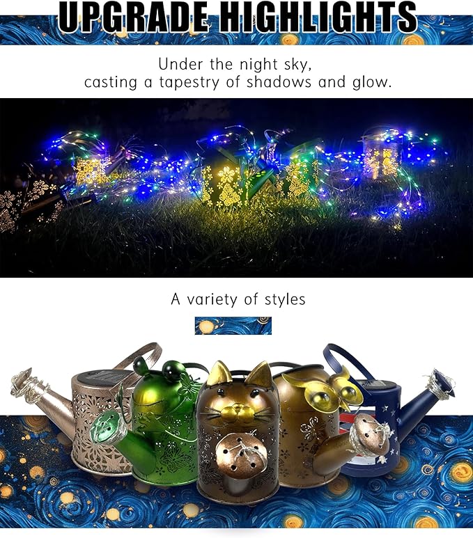 Solar Watering Can with Colorful Lighting, Waterproof Garden Decor, Birthday Gifts for Mom Grandma (Frog, 32 inch Shepherd Hook)