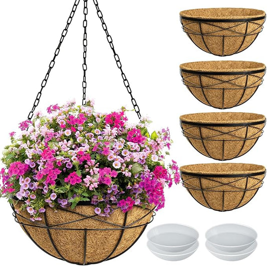 Hanging Planters for Outdoor Plants: 4 Pack 16" Hanging Baskets Flower Pots with Coco Liners & Plastic Saucer Extra Large Deep Hanging Plant Holder for Porch Balcony Garden Décor