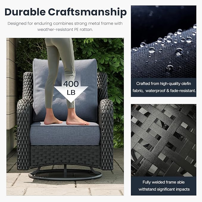 3 Pieces Outdoor Patio Furniture Sets with Rocking Swivel Chairs with 6-inch Thick Cushion and Side Table for Deck Lawn