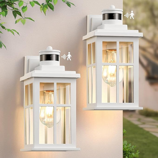 White Motion Sensor Light Outdoor, 2 Pack Dusk to Dawn Outside Lights for House, Anti-Rust Exterior Light Fixture, Waterproof Porch Light for House, Garage, Balcony, Weather Resistant