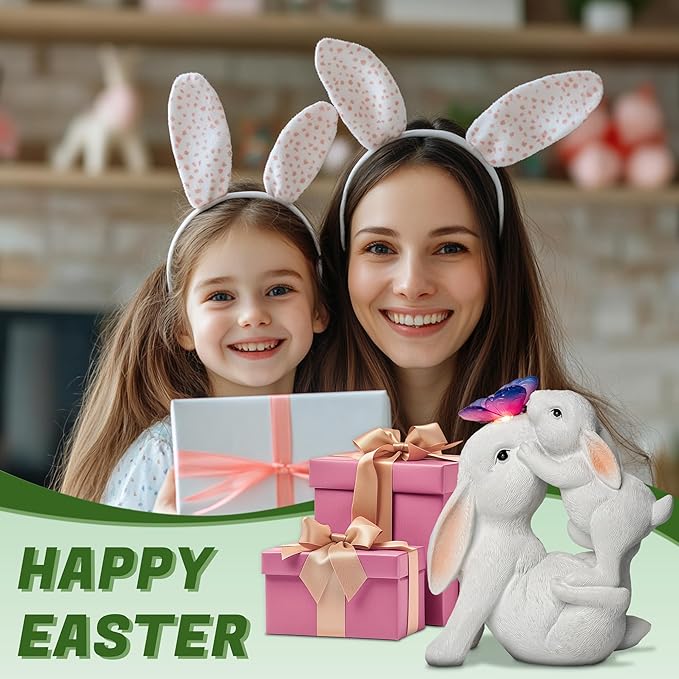 Easter Bunny Figurines Solar Garden Outdoor Statue with Butterfly Decorations Lights Easter Bunnies Decor Gifts for Women Mom Rabbit Statue for Outside Yard Patio Garden Lawn Ornament