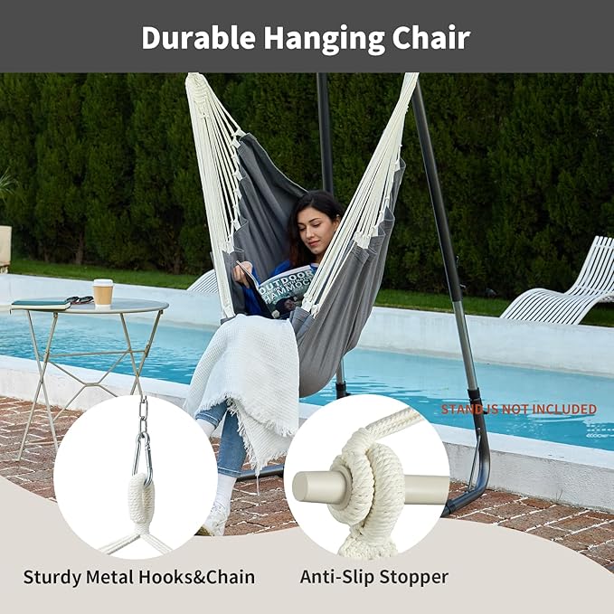 Hanging Hammock Chair Swing MAX 500 lbs Outdoor Hanging Chair with Footrest Indoor Swing Chair with Portable Steel Spreader Bar and Hardware Kit for Bedroom Living Room Patio Porch - Dark Grey