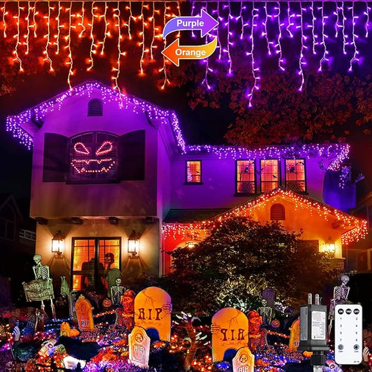 JMEXSUSS Halloween Icicle Lights, 400 LED, Orange to Purple, Waterproof, Outdoor, 43.64 ft, Remote Control, 40 Drops, Multicolor, Traditional Style, Halloween, Christmas Decorations