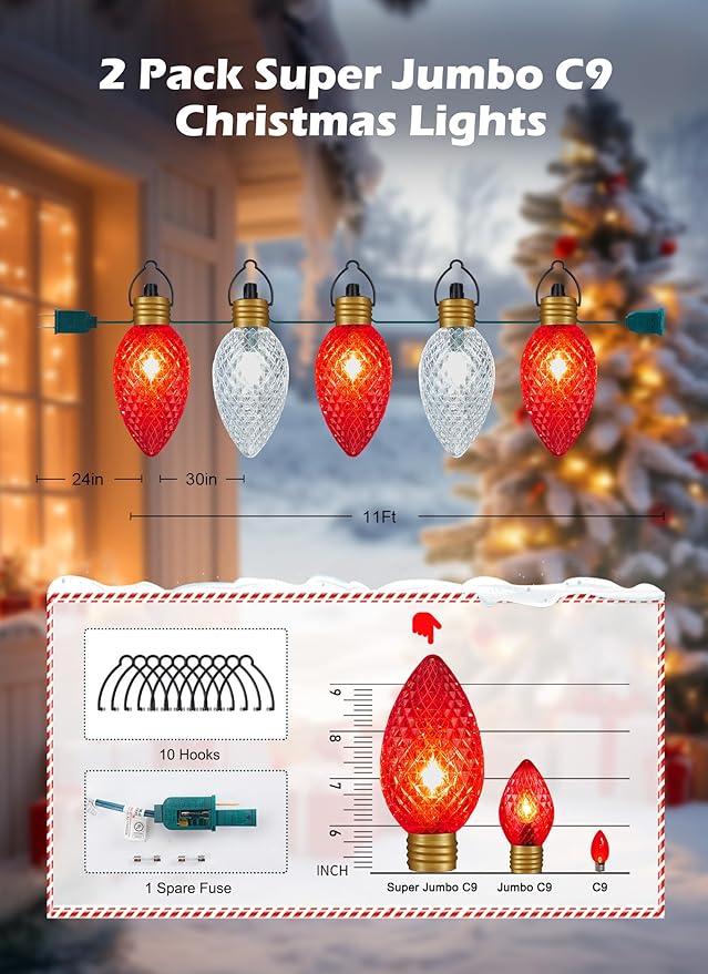 2 Pack 11Feet 5 LED Super Jumbo Christmas String Lights or Pathway Marker Lights, Outdoor Xmas Decorations- Jumbo C9 Hanging Lights Waterproof Lawn Dec for Holiday Home Tree Roof Yard, Red ＆ White