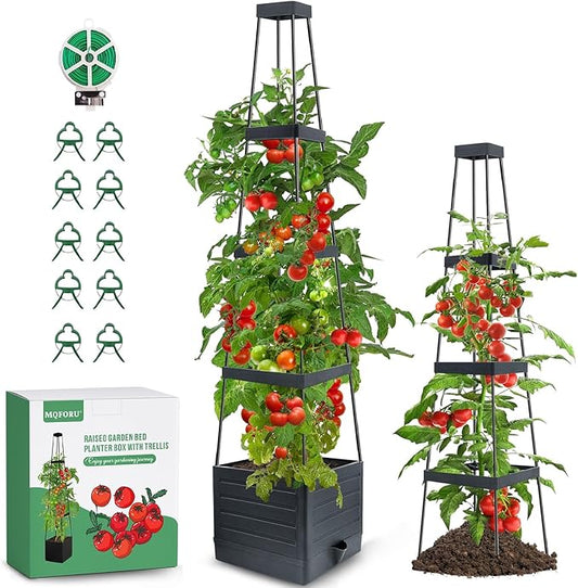 MQFORU Raised Garden Bed Planter Boxes with Trellis, 57" Self-Watering Tomato Planter Boxes with Trellis for Climbing Vegetable and Plants, Tomato Cage for Indoor Outdoor Use