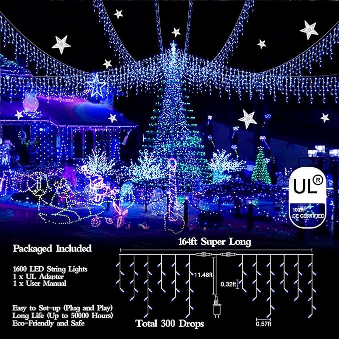 1600 LED 164FT Outdoor Christmas Lights Plug in 8 Modes with Timer Dimmable Christmas Decorations Waterproof Indoor Curtain String Lights for Roof Porch Garden Holiday Wedding Party Decor Blue