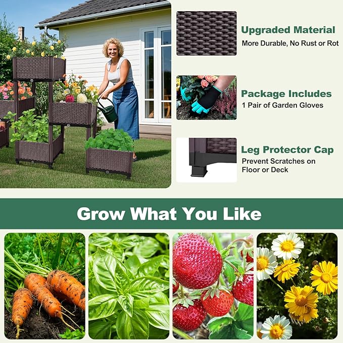 Emalie Raised Garden Beds Elevated Plastic Planter Box with Drainage Plugs Perfect for Vegetables Flowers Herbs Growing Outdoor, 73.0" Lx15.7 Wx40.9 H Brown
