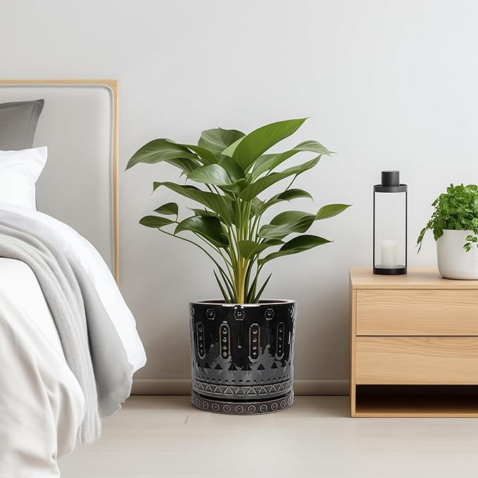 Ceramic Planter for Indoor Plants - 10 Inch Plant Pots with Drainage Hole and Saucer, Round Decorative Flower Pots Outdoor, Boho Large Planter, Room Decor, House Warming Gifts, Black