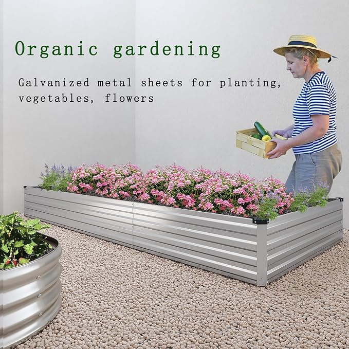 2 Pcs 8×2×1FT Galvanized Raised Garden Bed，Metal Planting Box for Outdoor Vegetable, Herb,Planter Gardening (Silver)