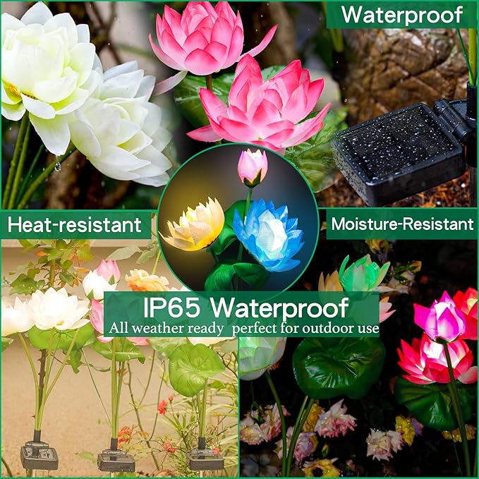TONULAX Solar Garden Lights, Lotus Flower Lights, Outdoor Light for Garden, Patio, Yard Decoration, 7 Color Changing Decorative Light, Larger Solar Panel(4 Pack)
