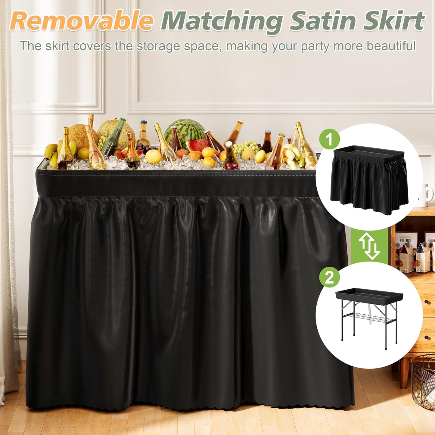 4 Foot Ice Cooler Table with Matching Skirt & Drain Hose, with Iron Stand, Portable Patio Outdoor Chilling Table Portable Bar for Events for Party, Picnic, BBQ, Camping (Black)