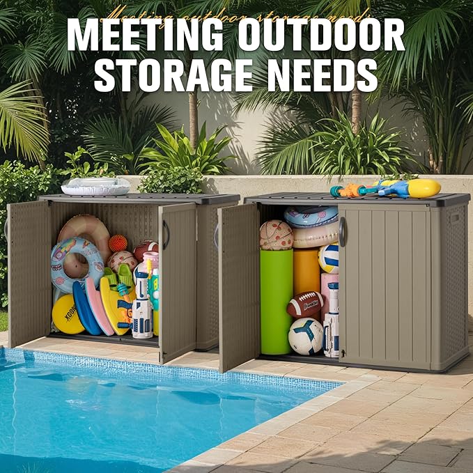 Greesum Outdoor Horizontal Storage Sheds 27 Cu.ft Resin Large Storaged Box Weather Resistance, Without Shelf, Easy to Assemble, Prefect for Garden, Patios, Backyards, Beige