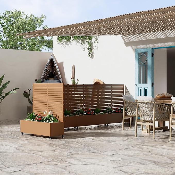 Casaphoria Metal Raised Garden Bed with Trellis and Wheels, 47"x47"x16" Planter Box for Climbing Plants, Vegetables & Vines, Features Drainage Holes and Privacy Screen (Brown-Louvered)