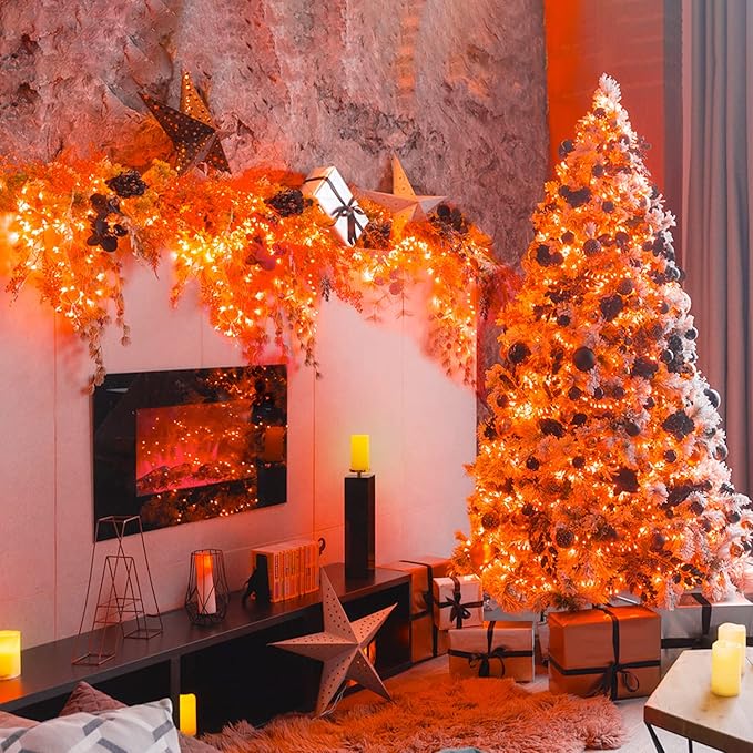JMEXSUSS 66ft 200 LED Thanksgiving Lights Outdoor, Orange String Lights Indoor Clear Wire, 8 Modes Orange Christmas Lights Plug in for Fall Autumn Harvest Tree Garden Patio Thanksgiving Decorations