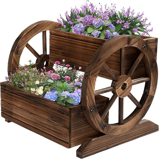 Wooden Wagon Planter Box, Garden Planter with Wheels,Decorative Planter for Flowers Herbs Vegetables for Indoor & Outdoor Décor, Flower Cart for Patio Garden Balcony