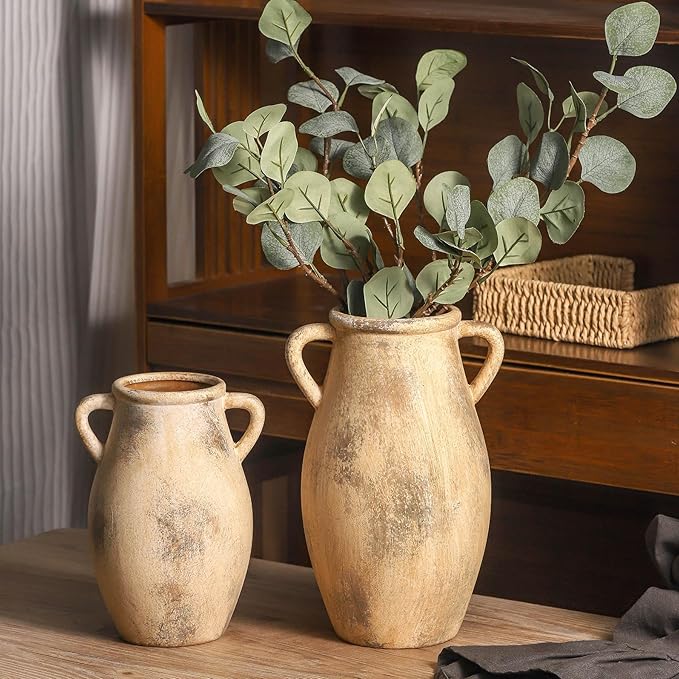 Large Ceramic Vase,11.3 inch Tall Farmhouse Flower Vase with 2 Handles,Terracotta Decorative Flower Vase for Home Decor, Living Room Entryway Table Centerpiece Decor
