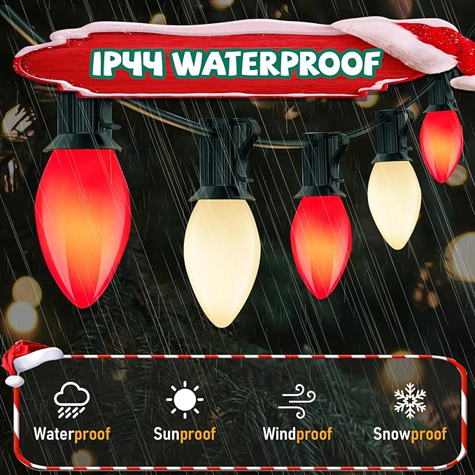 C7 LED Red and White Christmas Lights, 25Ft Outdoor Decorations With 27 Shatterproof Bulbs, Hanging Vintage Christmas Lights for Tree Roofline Holiday Party Backyard