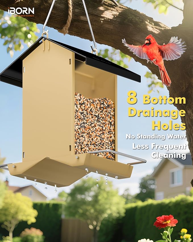 iBorn Bird Feeders for Outdoors,Bird House Feeder with Weatherproof Metal Roof & 8 Drain Holes,Fully Detachable Birdfeeder Design,Easy Clean & Refill,Chew-Proof PC Windows,1.5 Lbs Capacity,Black Roof