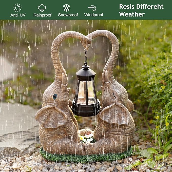 Elephant Statue Easter Garden Decor with LED Solar Lights-Set of 2 Good Luck Elephant Outdoor Statue Christmas Decorations for Yard Patio,Porch,Home -Mothers Day Gifts for Women, Mom, Grandma