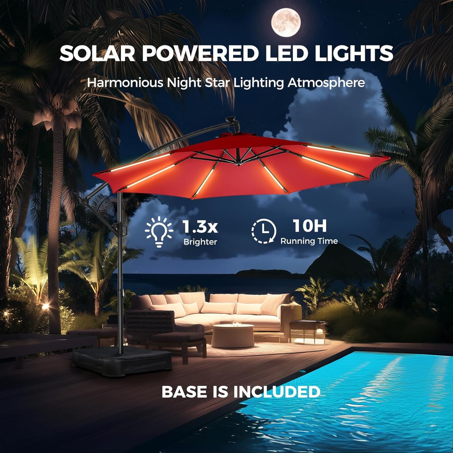 HOMSHADE 10ft Solar Lights Offset Cantilever Patio Umbrella with Light and Base, LED Lighted Offset Hanging Patio Outdoor Market Umbrella UPF50+ UV Protection with Easy Tilt and Crank, Red