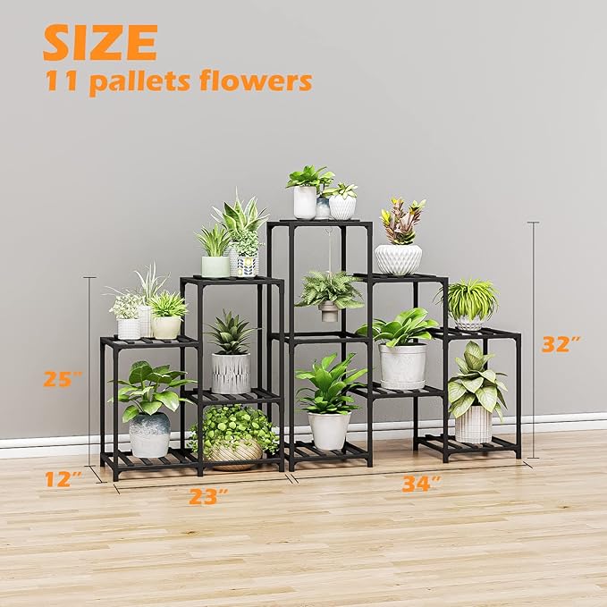 Bamworld Outdoor Plant Stand Indoor Black Corner Shelf 5-Tier 11 Potted Flower Shelves Wooden Garden Wood Plant Holder Rack for Living Room Lawn Window
