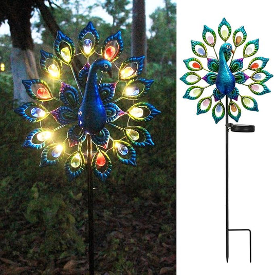 Outdoor Wind Spinner, Solar Garden Lights Metal Peacock Garden Decor,Solar Stake Lights Decorative for Patio Pathway Yard Decoration Mothers Day Ideal Gifts（Peacock Opens its Tail）