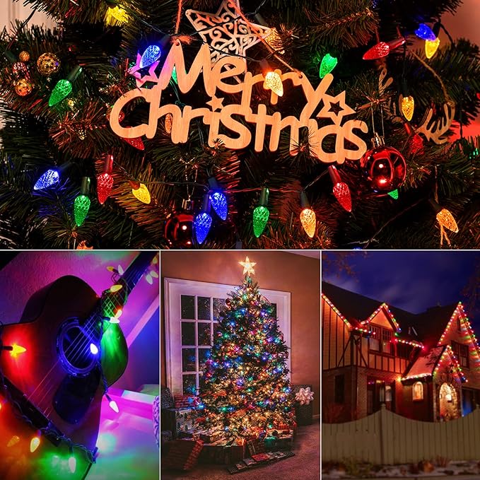 C6 LED Christmas String Lights - 2 Pack 20ft 60LED Battery Operated Strawberry String Lights with Timer and 8 Light Modes for Christmas Trees, Wreaths, Indoor Outdoor Xmas Decor, Multicolor