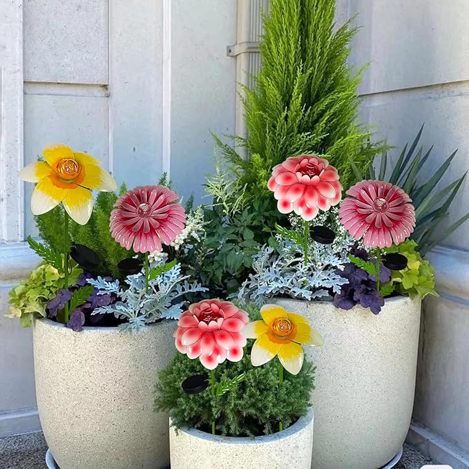 6Pcs 25" Solar Garden Decor for Outside, 3D Metal Flowers for Outside, Valentines Day Decorations Outdoor, Solar Stakes Garden Decor, Yard Art for Lawn Patio Porch Gifts for Her