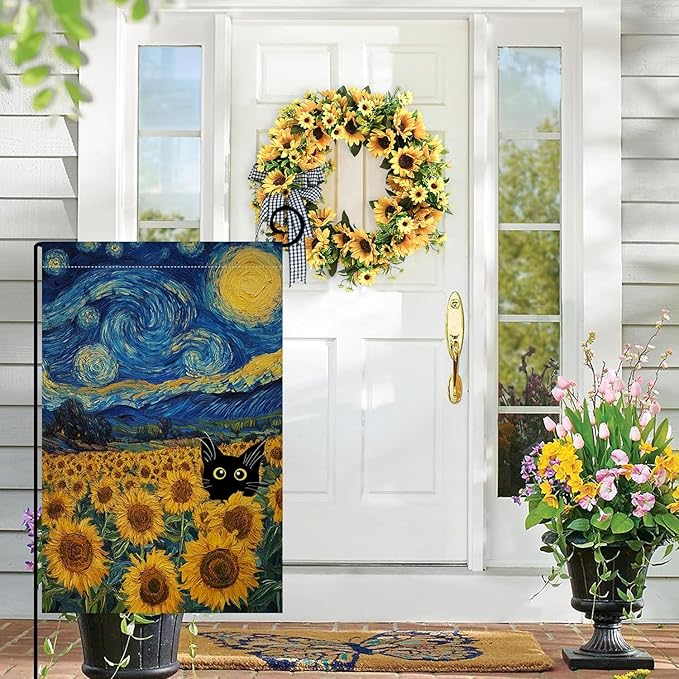 BLKWHT Summer Sunflower Cat Garden Flag 12x18 Vertical Double Sided Blue Sky Welcome Farmhouse Holiday Outside Decorations Burlap Yard Flag BW822
