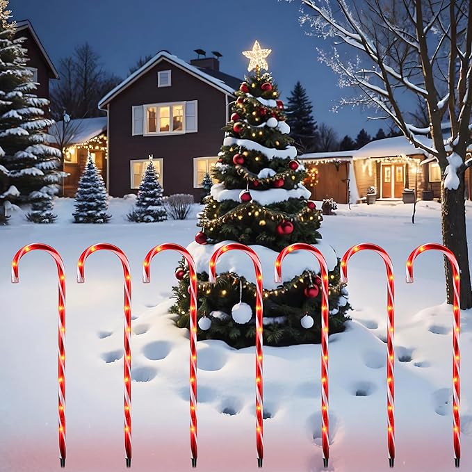 26" Candy Cane Lights Christmas Decorations - 10 Pack Pathway Markers Outdoor Yard Decorations, Red Christmas Candy Cane Lights for Walkway, Xmas Outside/Indoor Ornaments, 100 Lights Bulbs