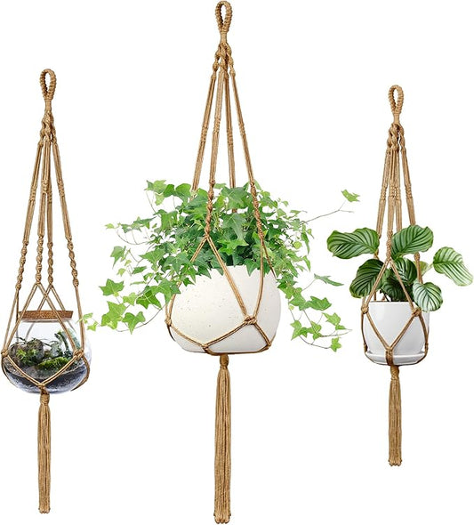 Macrame Plant Hanger, 34"/41"/46" 3 Sizes, Hanging Planters for Indoor Outdoor Plants, Flower Pot Holder with Wood Beads & Tassels for Boho Home Decor, 3 Pack, Brown