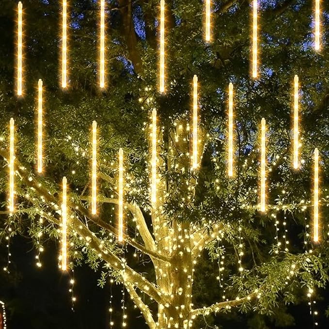 TW SHINE Christmas Meteor Shower Lights Outdoor, 288 LED 12" 8 Tubes Waterproof Christmas Lights Outdoor Plug in, Snow Falling Rain Icicle Xmas Lights Decorations, Warm White