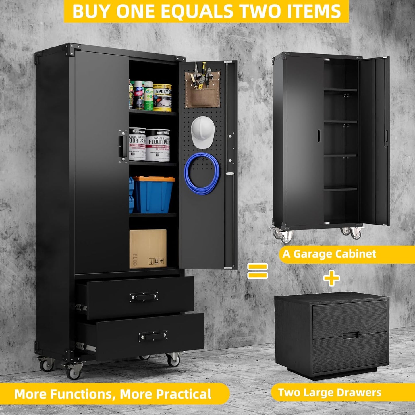 Aobabo 2 Large Drawer Metal Storage Cabinet with Wheels, Lockable Steel Storage Cabinet with 3 Adjustable Shelves and 6 Hooks for Home, Office, Garage, Classroom, Black, Assembly Required