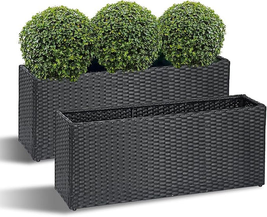 SUNNYPARK Set of 2 Large Rectangular Planter with Removable Liner, All-Weather PE Rattan Modern Planters Indoor Outdoor Flower Plant Pots Garden Box Patio Yard Front Porch Deck