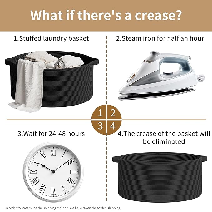 125L Extra Large Blanket Basket, 25" x 16", Jumbo Laundry Woven Baskets Decorative Home, Cotton Rope Basket with Handles, Baby Toy Baskets for Storage, Black, 2PC