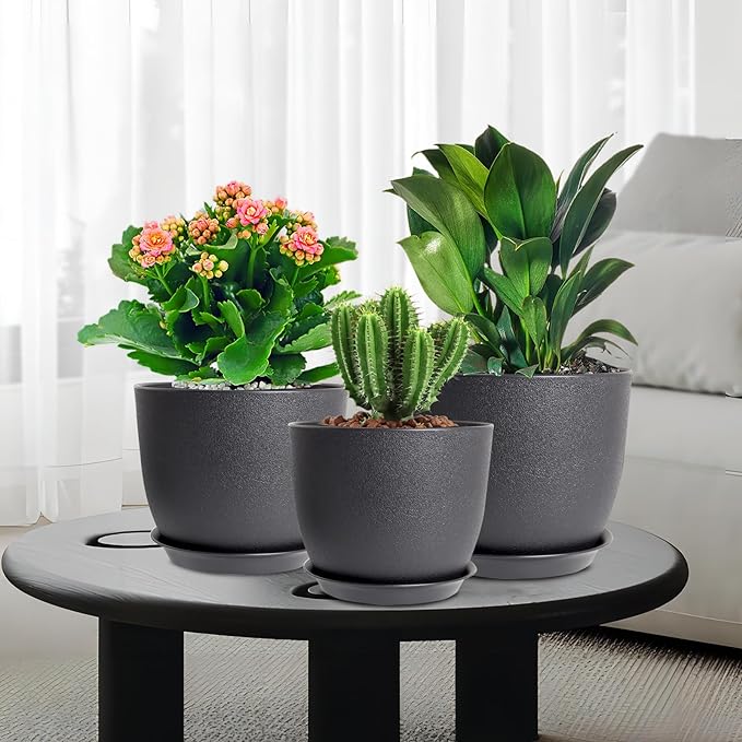 10/9/8 inch Medium Plant Pots, 3 Pack Modern Decorative Plastic Planters with Drainage Holes and Saucers, Flower Pots for Indoor Outdoor Plants, Black