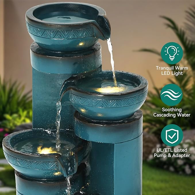 Autodaya 19.3" H Pedestal Outdoor Water Fountain with LED Lights and Pump, 4-Tier Cascading Water Feature, Tranuil Waterfall for Relaxing Garden, Patio, Yard, or Porch, Turquoise, Faux Ceramic Finish