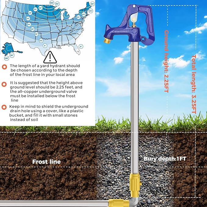 Frost Proof Yard Hydrant,3.25ft Frost Free Outdoor Faucet,Freeze Proof Outdoor Faucet 3/4" Pipe Connection,Frost Free Hydrant for Yard Garden Farm Pasture Irrigation,12" Bury Depth No Lead Hydrant