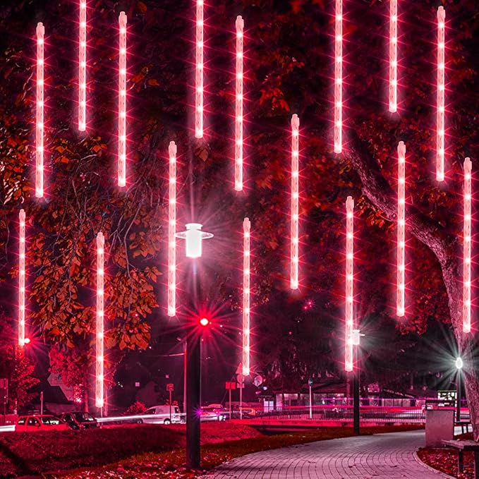Dazzle Bright 288 LED Christmas Light, 11.8 Inch Meteor Shower Rain Lights with 8 Tubes，Waterproof Plug in Falling Rain Lights Christmas Decorations for Xmas Bushes Tree Yard Party (RED)