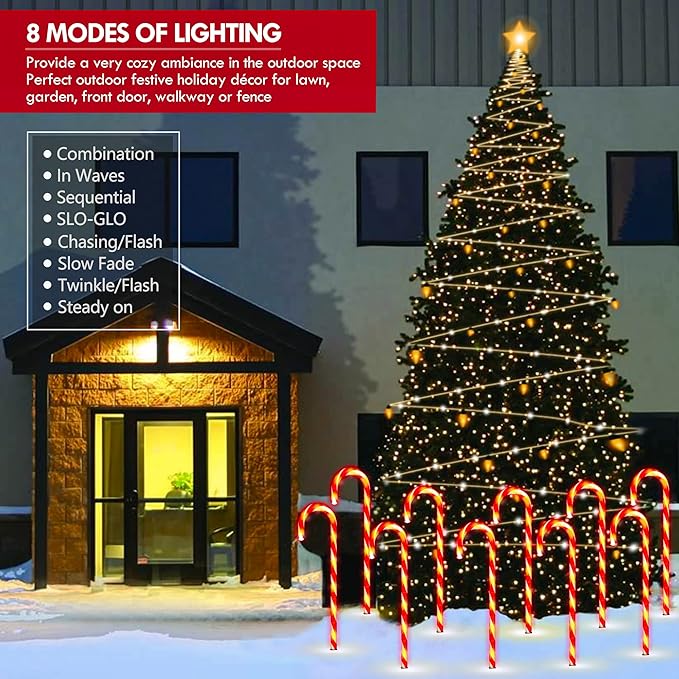 WeGuard 10PK Christmas Candy Cane Pathway Lights Outdoor Decorations 21" 8 Lighting Modes Flashing Waterproof Outdoor Lighted Christmas Decor for Garden Yard (Red)