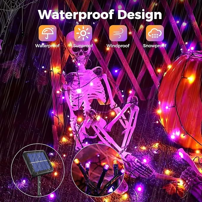 btfarm Solar Halloween String Lights Outdoor, 120LED 39Ft Orange Purple Solar Lights Waterproof Outside, 8 Modes Tree Twinkle Light Solar Powered for Garden Yard Patio Party Decorations