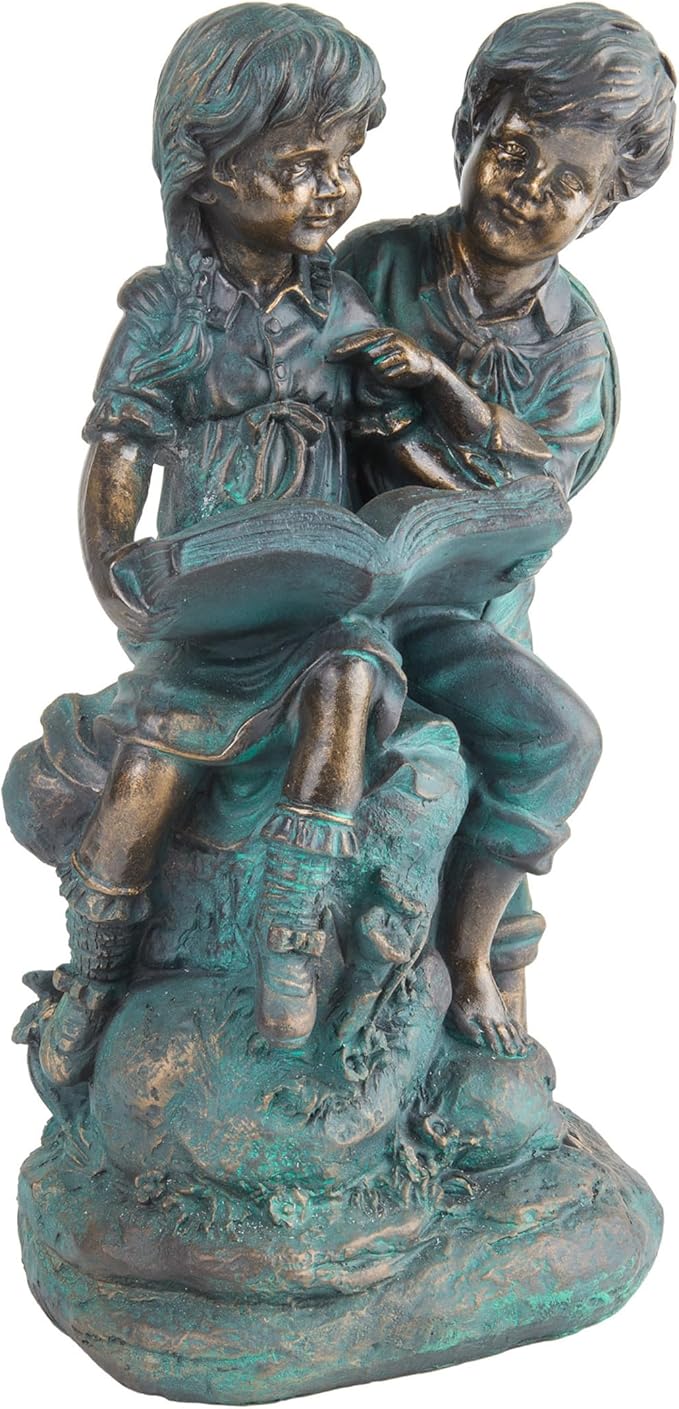 Alpine Corporation 15" Tall Indoor/Outdoor Girl and Boy Reading Together Statue Yard Art Decoration