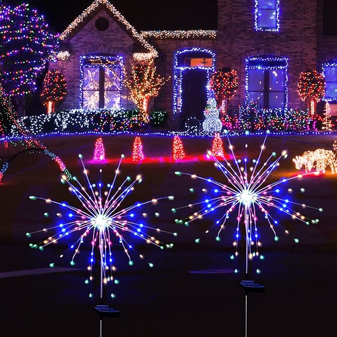 Solar Garden Lights for Outdoor Decor, Waterproof 2 Pack Solar Powered Firework Stake 120 LED Sparklers String Lights for Yard Pathway (Colorful)